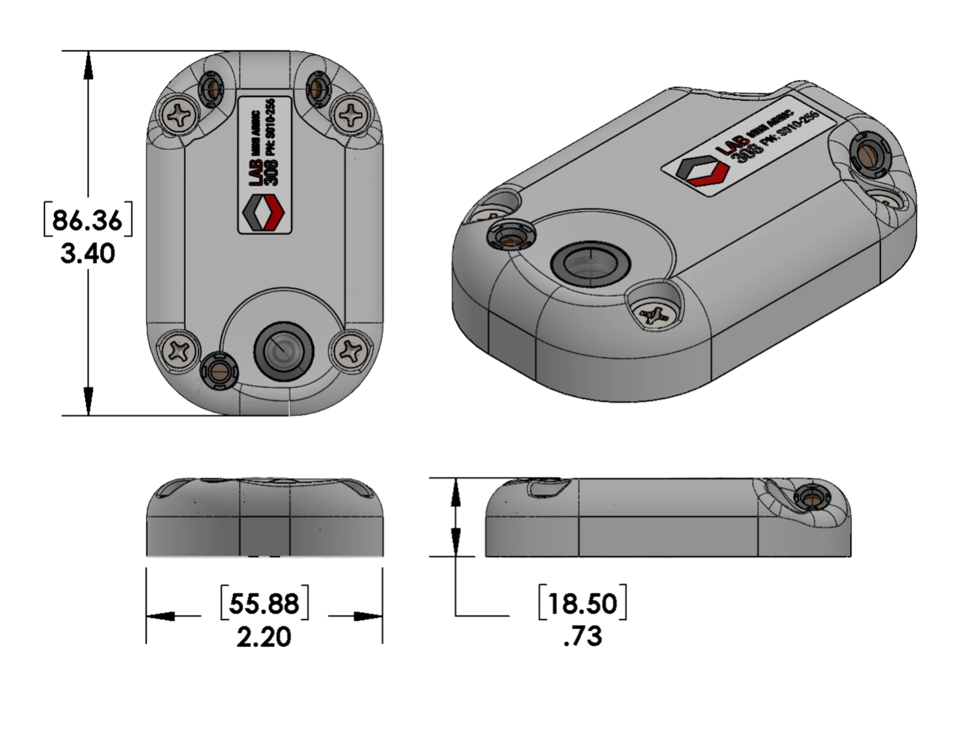 miniARINC Mapper dimensional drawing showing top, isometric, front and side views with 3.40 inch length, 2.20 inch width and 0.73 inch height
