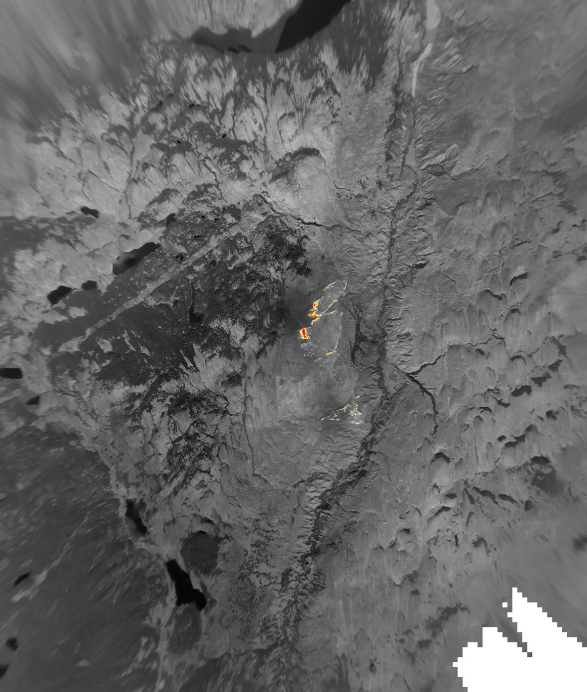 LSIR thermal mosaic of the Merritt Fire with active hot spots highlighted in red and yellow