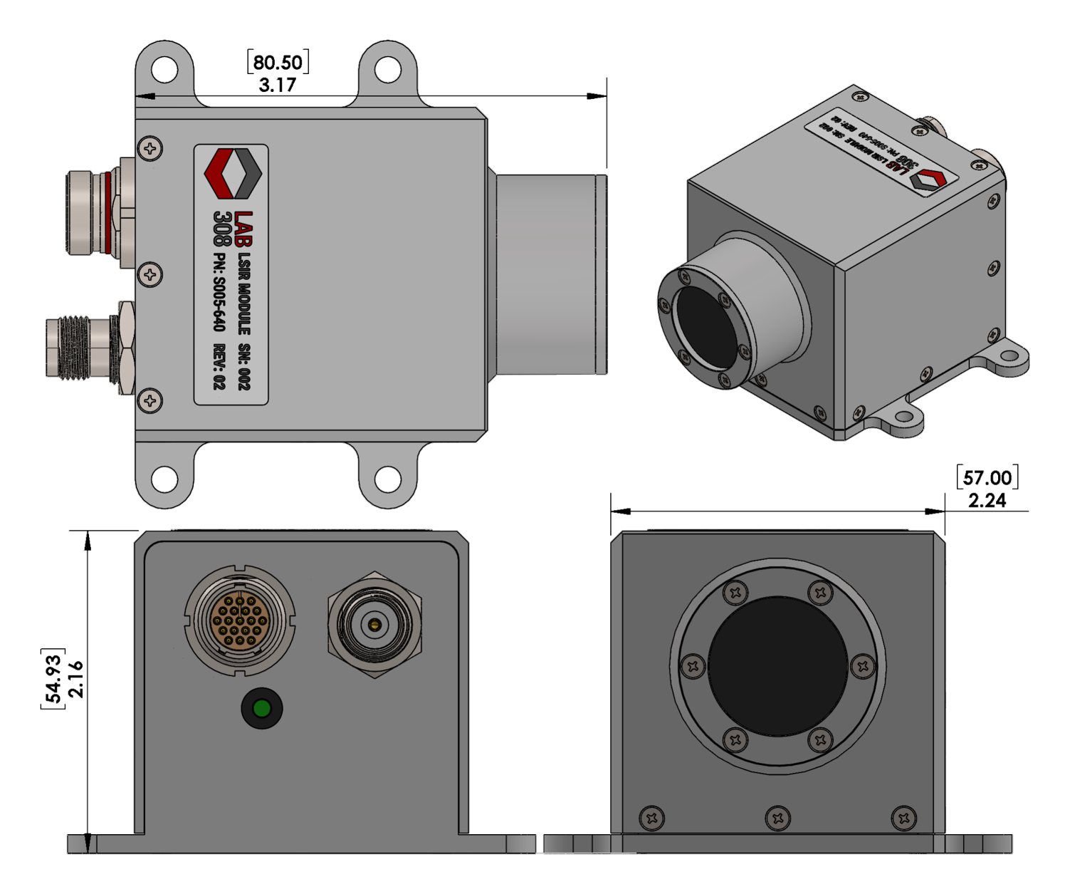 LSIR module dimensional drawing showing top, isometric, rear and front views with 3.17 inch length, 2.24 inch width and 2.16 inch height