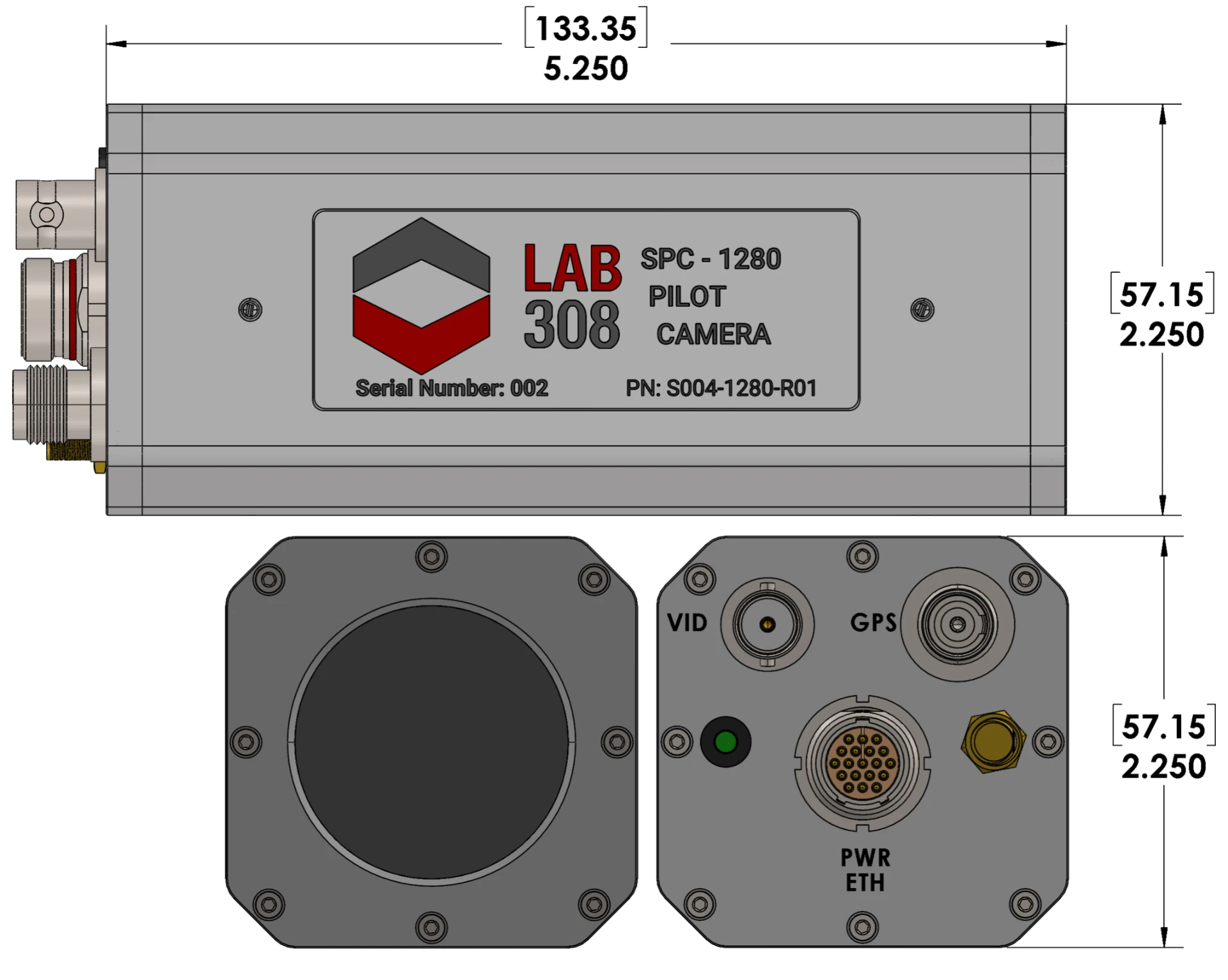 SPC - 1280 dimensional drawing with 5.25 inch length, 2.25 inch width and 2.25 inch height